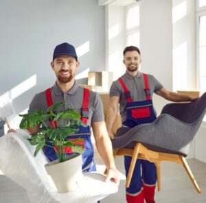 Sessel und Pflanze tragen Zwei Umzugshelfer tragen einen Sessel und eine Zimmerpflanze